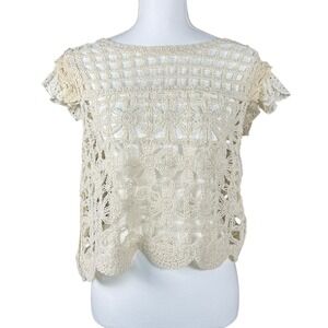 Anthropologie Bishop + Young Crochet Top Cream Lace Overlay Short Sleeve Size L
